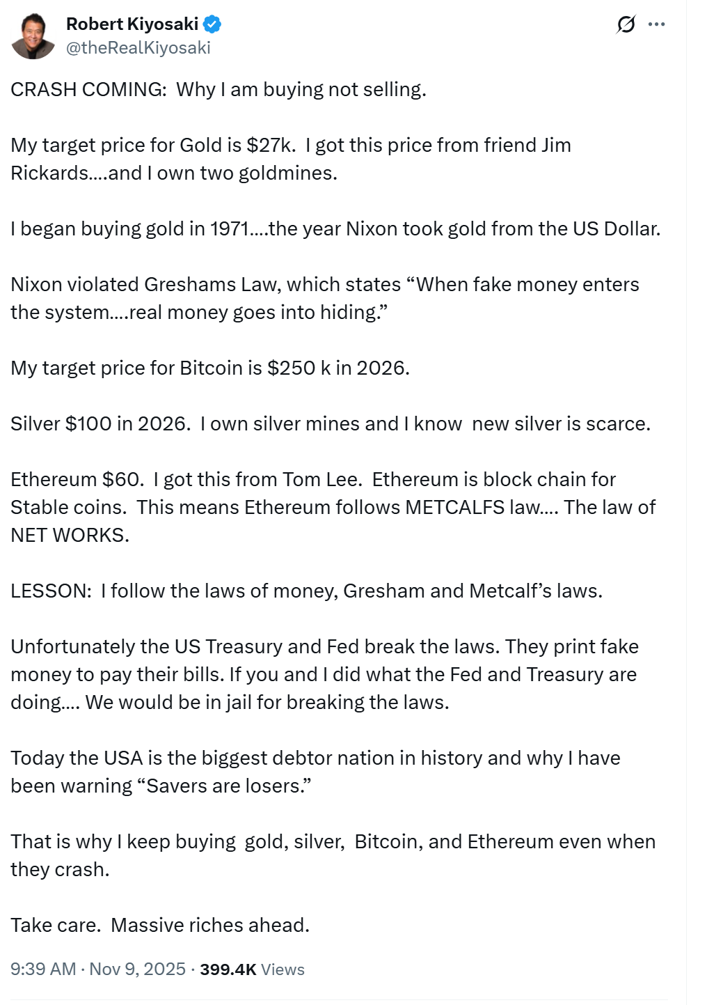 توییت رابرت کیوساکی در باره دارایی های واقعی